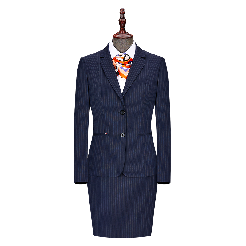 藏青条纹哔叽色纺面料工艺女式套西JPNY1022